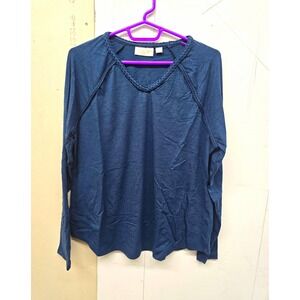 Belle Boho by Kim Gravel Womens Blue Knit Braided V-Neck Long Sleeve Blouse M